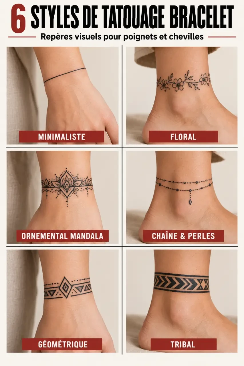Infographie des six styles de tatouage bracelet femme à comparer