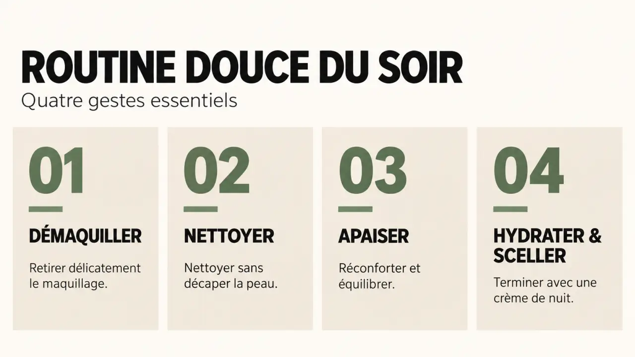 Les quatre étapes d'une routine beauté douce : composer son rituel du soir, du démaquillage à la crème de nuit